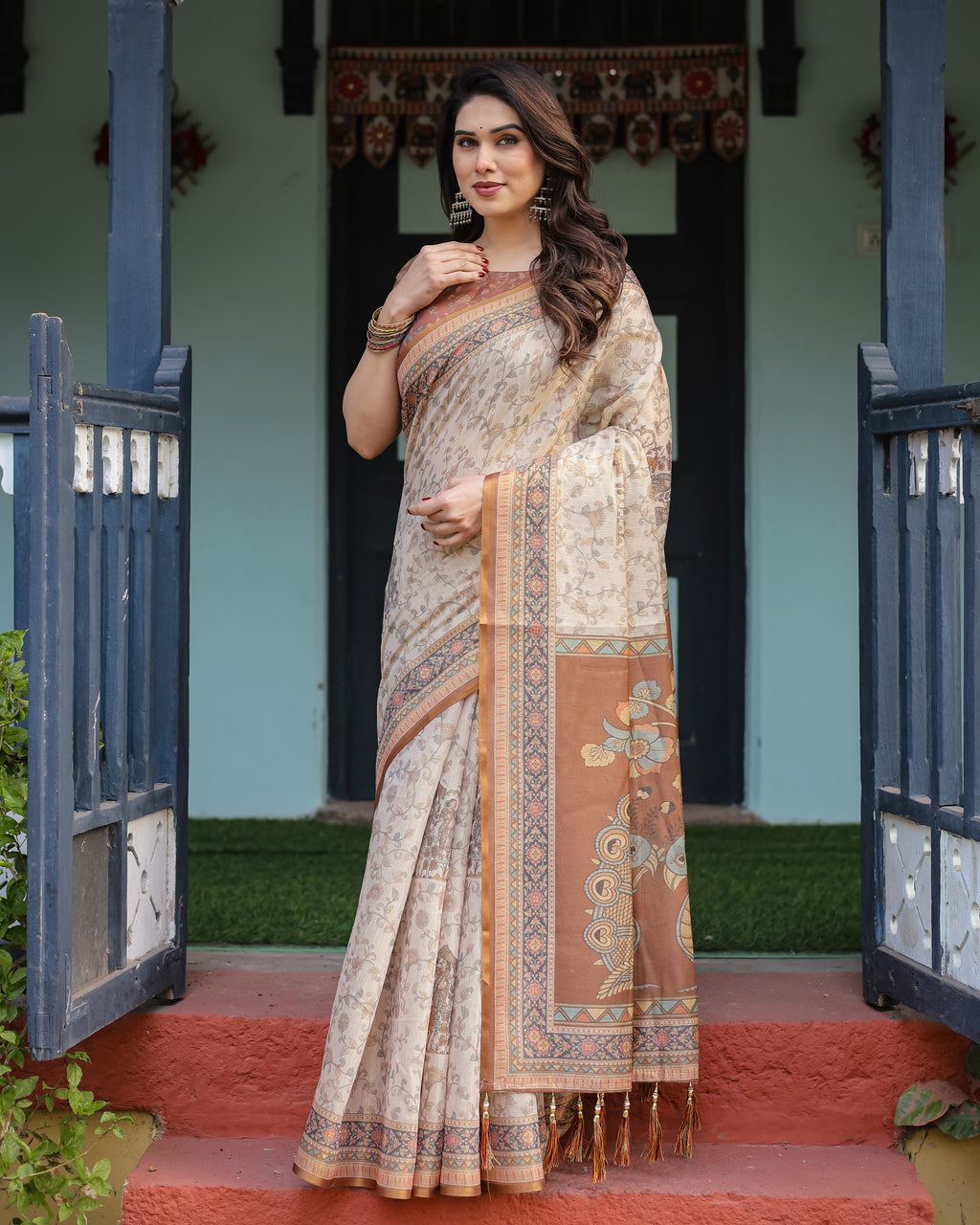 Beige and Rust Handloom Cotton-Linen Saree with Floral Motifs and Peacock Pallu LINEN HANDLOOM