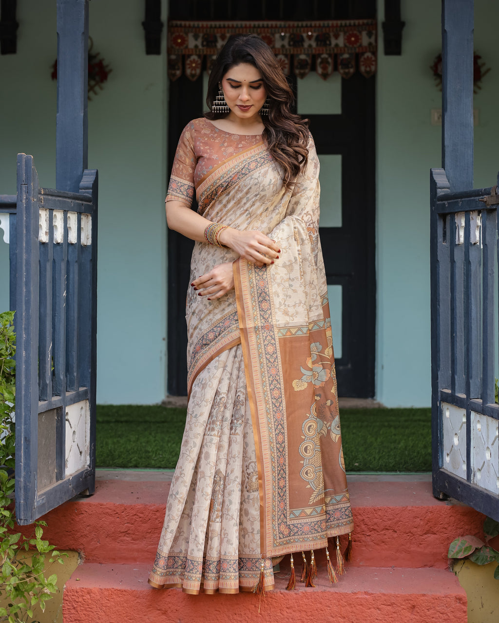 Beige and Rust Handloom Cotton-Linen Saree with Floral Motifs and Peacock Pallu LINEN HANDLOOM