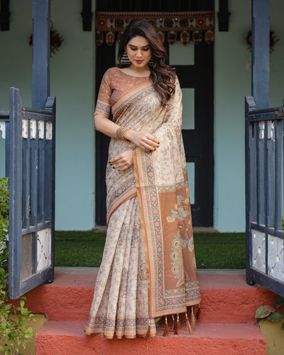 Beige and Rust Handloom Cotton-Linen Saree with Floral Motifs and Peacock Pallu LINEN HANDLOOM
