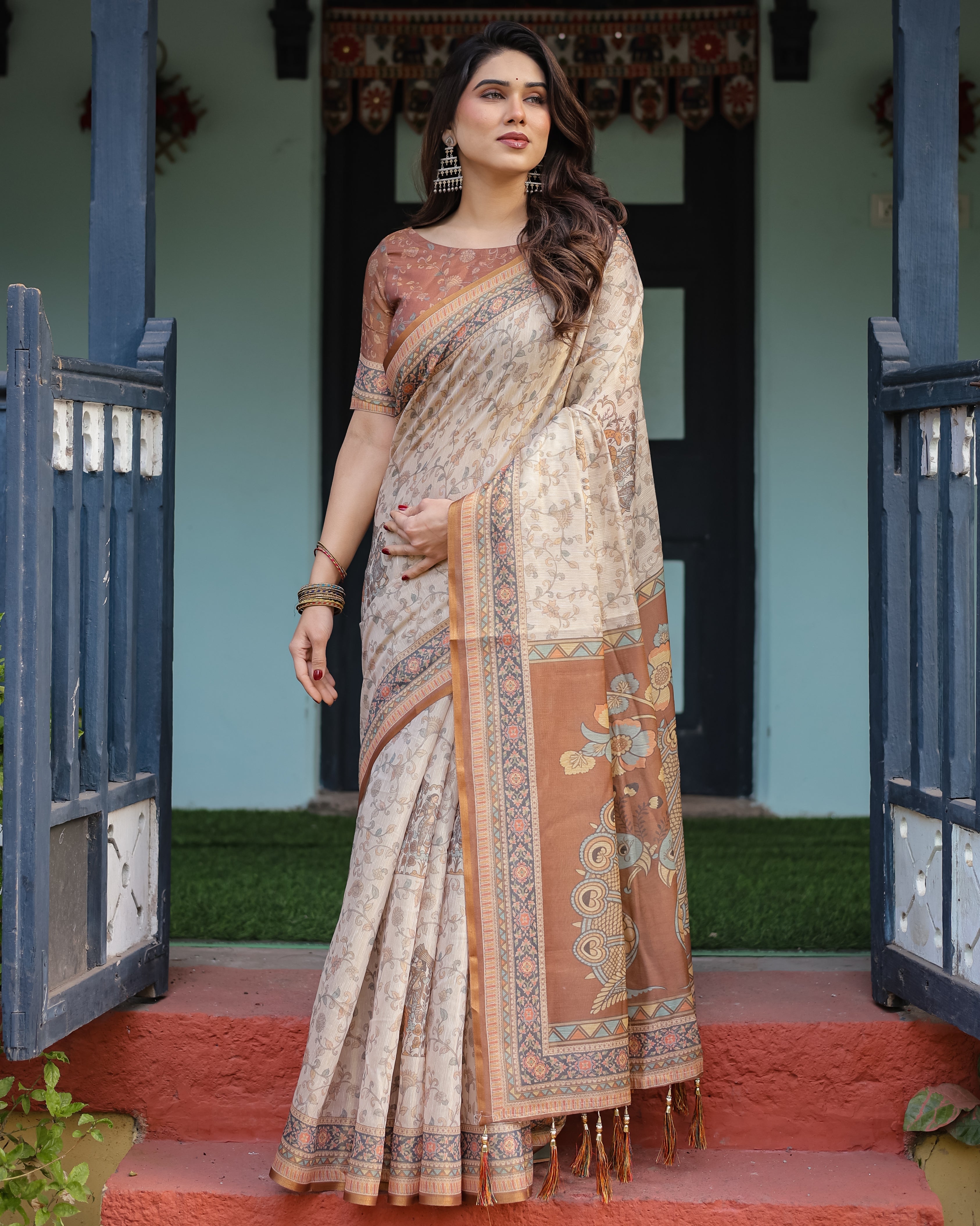 Beige and Rust Handloom Cotton-Linen Saree with Floral Motifs and Peacock Pallu LINEN HANDLOOM
