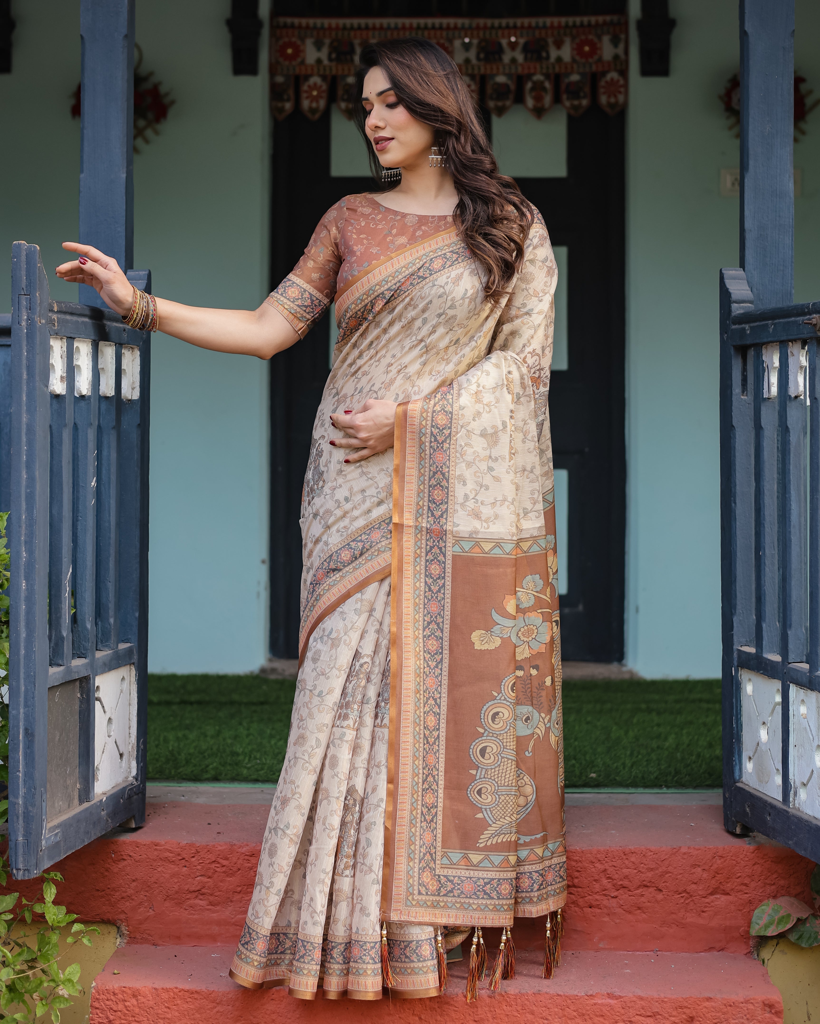 Beige and Rust Handloom Cotton-Linen Saree with Floral Motifs and Peacock Pallu LINEN HANDLOOM