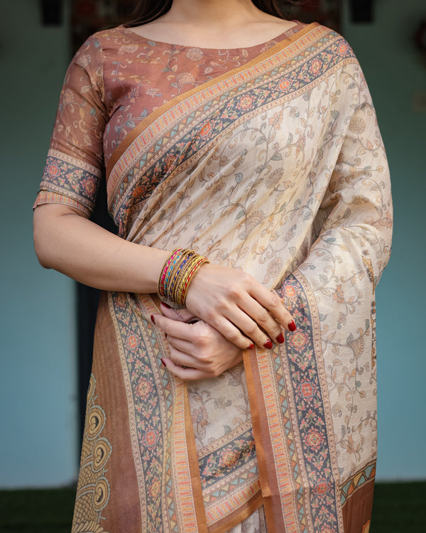 Beige and Rust Handloom Cotton-Linen Saree with Floral Motifs and Peacock Pallu LINEN HANDLOOM