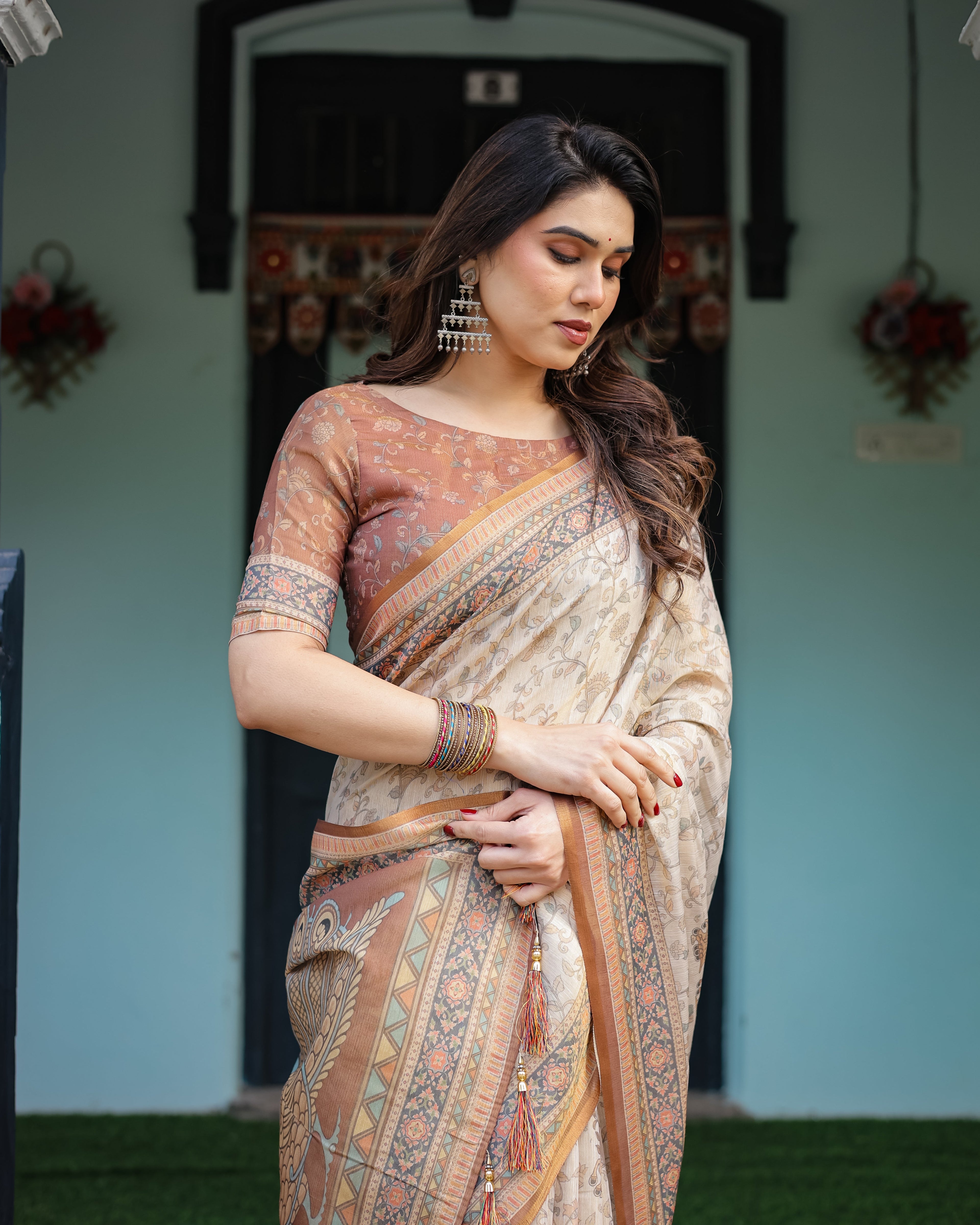 Beige and Rust Handloom Cotton-Linen Saree with Floral Motifs and Peacock Pallu LINEN HANDLOOM