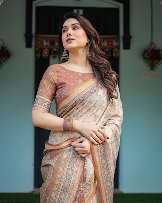 Beige and Rust Handloom Cotton-Linen Saree with Floral Motifs and Peacock Pallu LINEN HANDLOOM