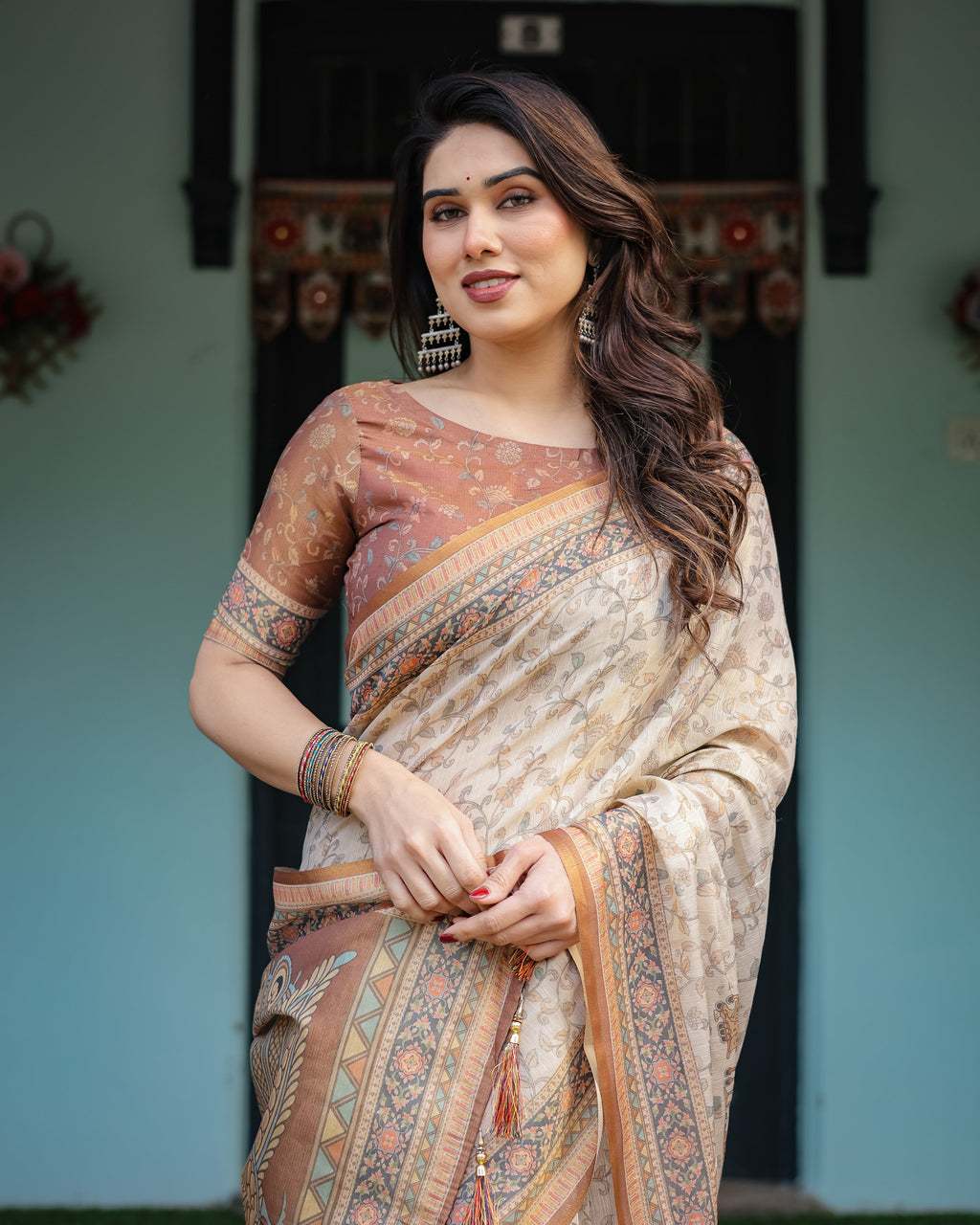 Beige and Rust Handloom Cotton-Linen Saree with Floral Motifs and Peacock Pallu LINEN HANDLOOM