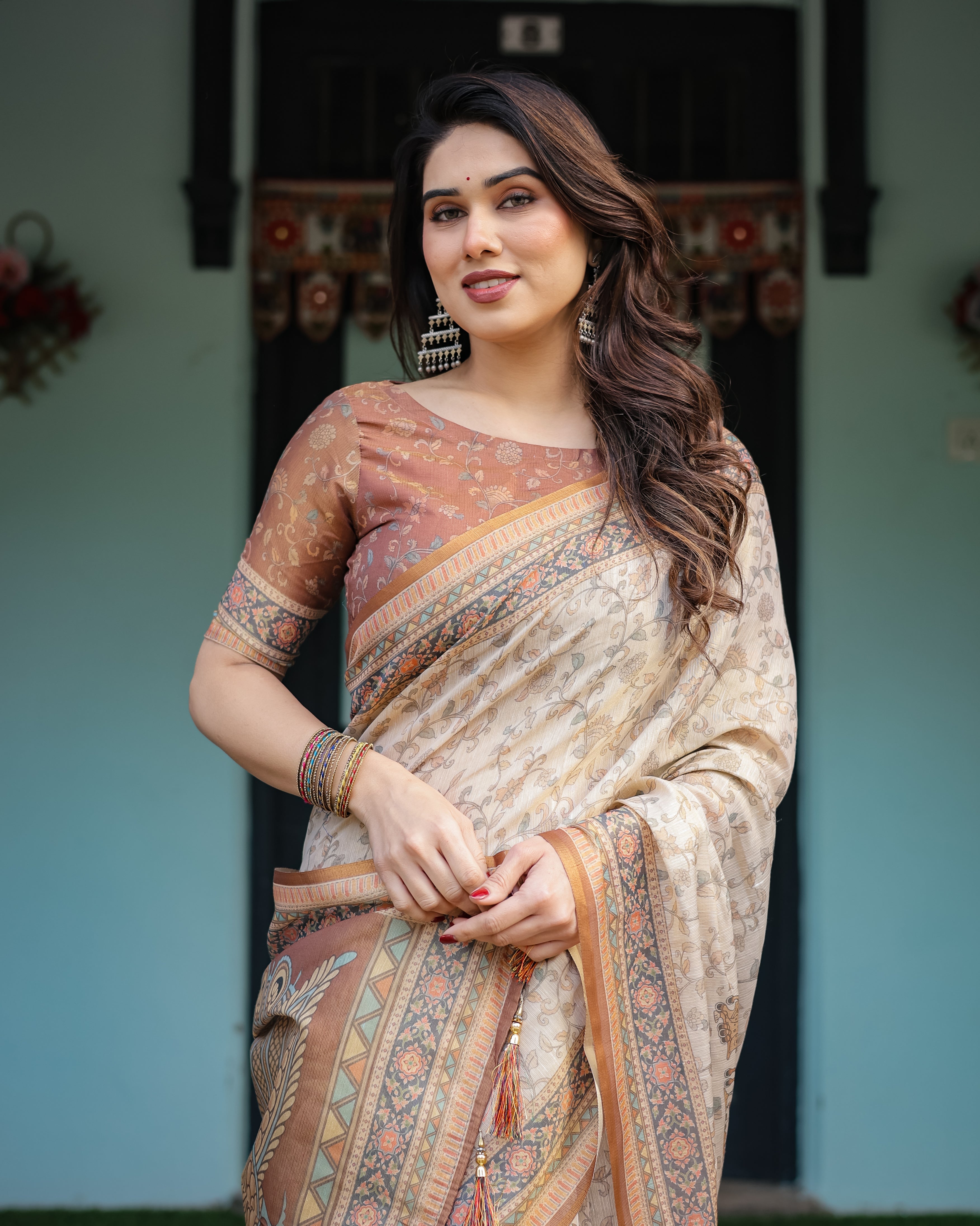 Beige and Rust Handloom Cotton-Linen Saree with Floral Motifs and Peacock Pallu LINEN HANDLOOM