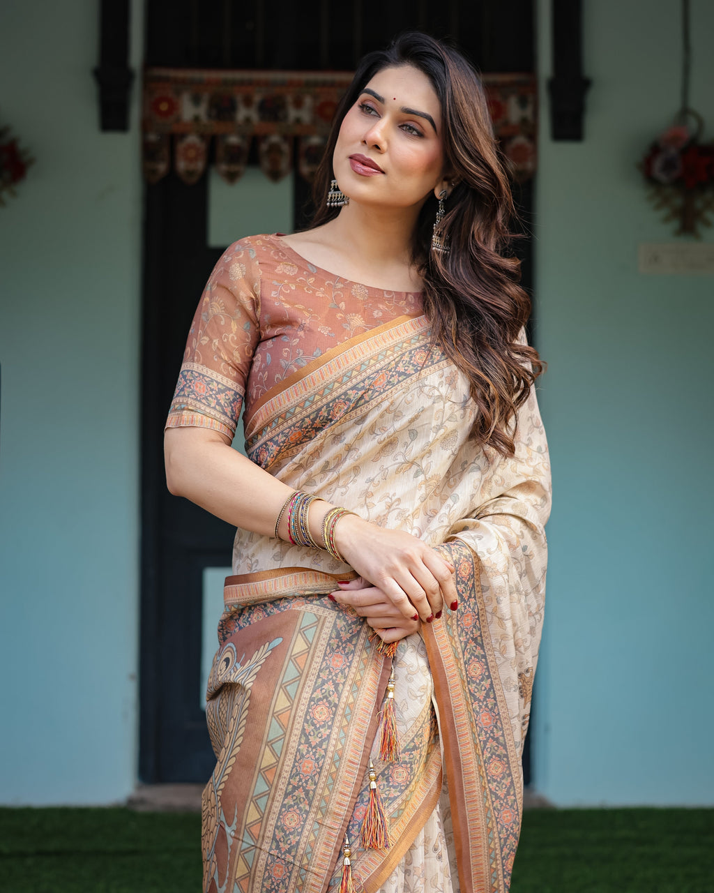 Beige and Rust Handloom Cotton-Linen Saree with Floral Motifs and Peacock Pallu LINEN HANDLOOM