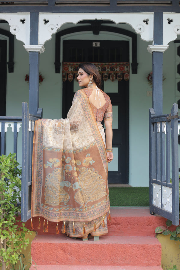 Beige and Rust Handloom Cotton-Linen Saree with Floral Motifs and Peacock Pallu LINEN HANDLOOM