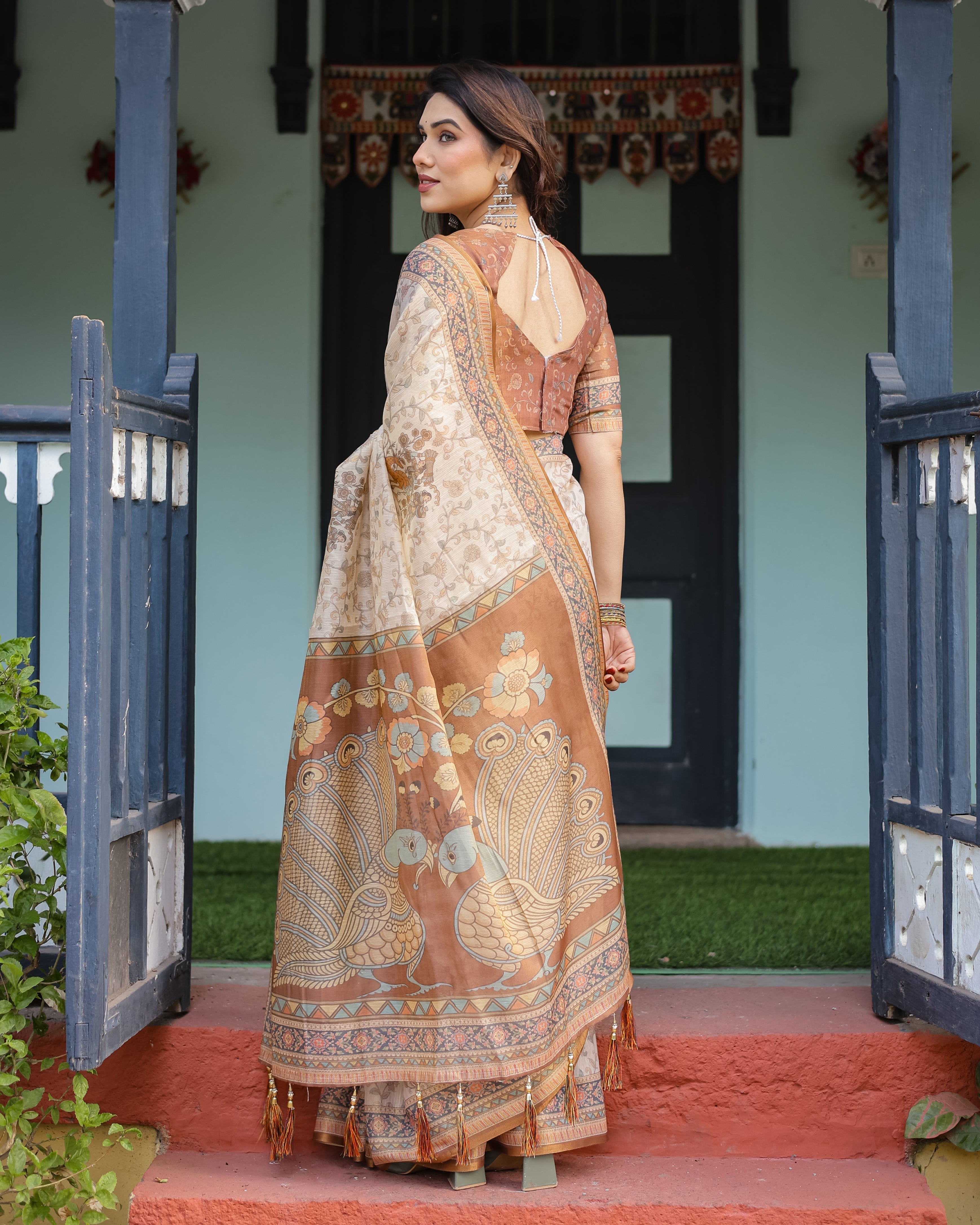 Beige and Rust Handloom Cotton-Linen Saree with Floral Motifs and Peacock Pallu LINEN HANDLOOM