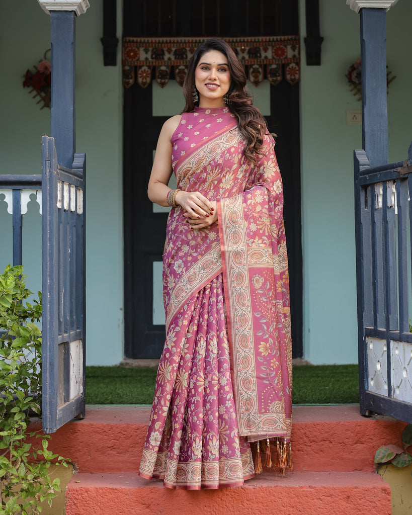 Magenta Handloom Cotton-Linen Saree with Gold Floral Motifs and Peacock Pallu LINEN HANDLOOM