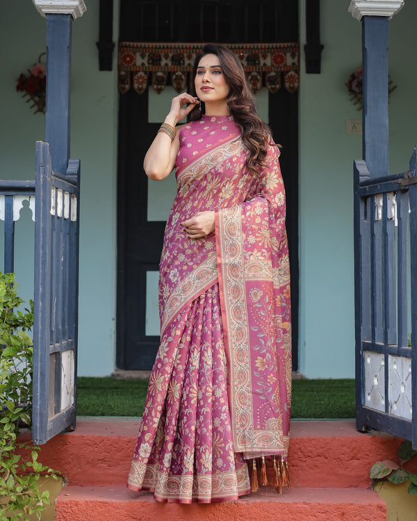 Magenta Handloom Cotton-Linen Saree with Gold Floral Motifs and Peacock Pallu LINEN HANDLOOM