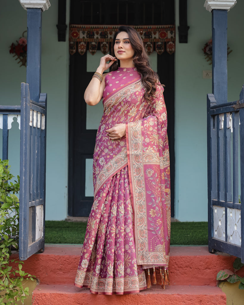 Magenta Handloom Cotton-Linen Saree with Gold Floral Motifs and Peacock Pallu LINEN HANDLOOM
