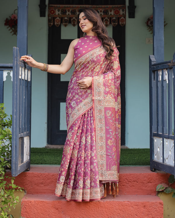 Magenta Handloom Cotton-Linen Saree with Gold Floral Motifs and Peacock Pallu LINEN HANDLOOM