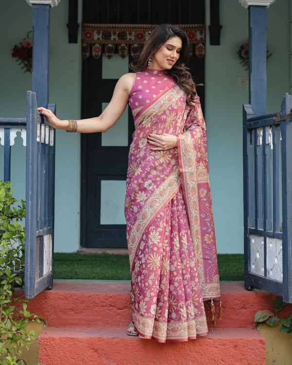Magenta Handloom Cotton-Linen Saree with Gold Floral Motifs and Peacock Pallu LINEN HANDLOOM
