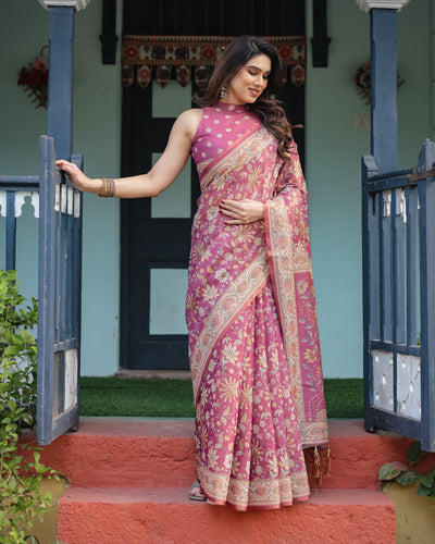 Magenta Handloom Cotton-Linen Saree with Gold Floral Motifs and Peacock Pallu LINEN HANDLOOM