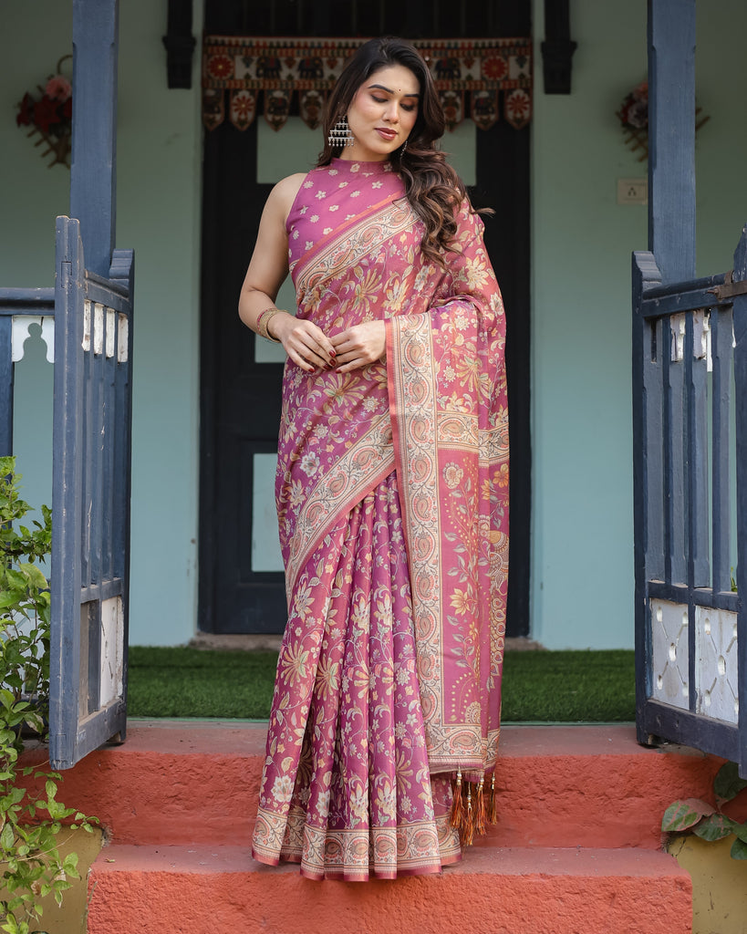 Magenta Handloom Cotton-Linen Saree with Gold Floral Motifs and Peacock Pallu LINEN HANDLOOM