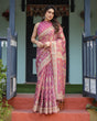 Load image into Gallery viewer, Magenta Handloom Cotton-Linen Saree with Gold Floral Motifs and Peacock Pallu LINEN HANDLOOM