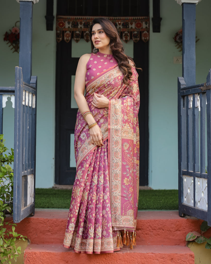 Magenta Handloom Cotton-Linen Saree with Gold Floral Motifs and Peacock Pallu LINEN HANDLOOM