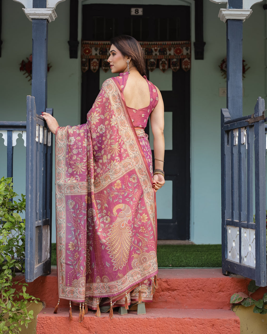 Magenta Handloom Cotton-Linen Saree with Gold Floral Motifs and Peacock Pallu LINEN HANDLOOM