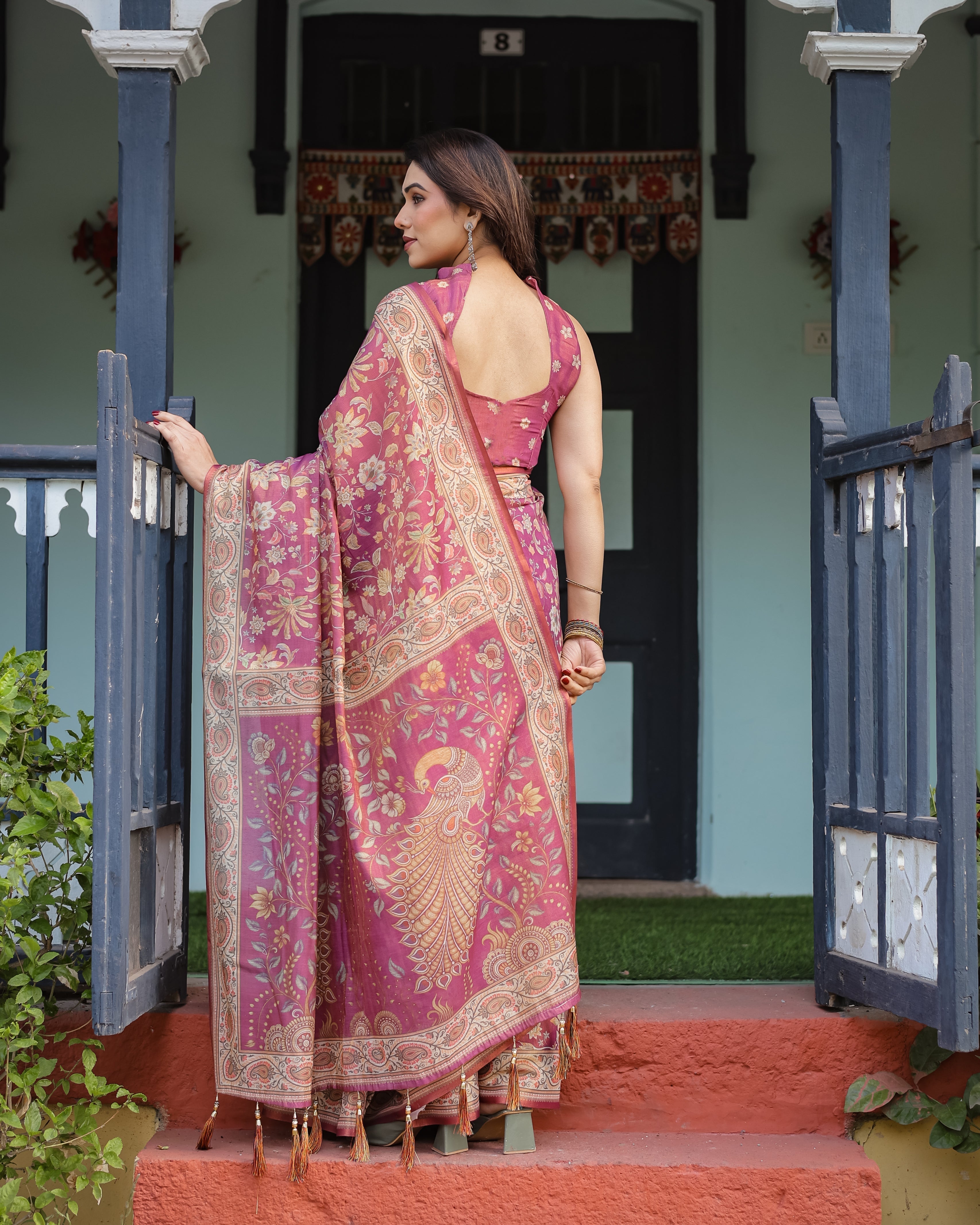 Magenta Handloom Cotton-Linen Saree with Gold Floral Motifs and Peacock Pallu LINEN HANDLOOM