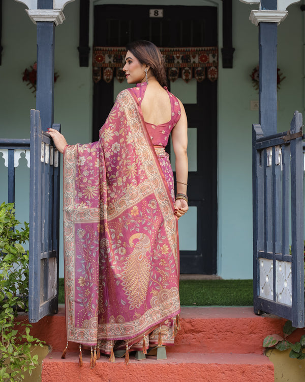 Magenta Handloom Cotton-Linen Saree with Gold Floral Motifs and Peacock Pallu LINEN HANDLOOM