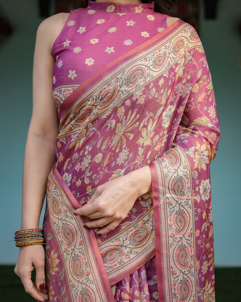 Magenta Handloom Cotton-Linen Saree with Gold Floral Motifs and Peacock Pallu LINEN HANDLOOM