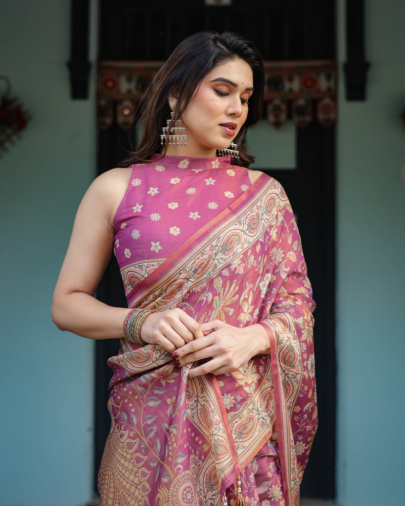Magenta Handloom Cotton-Linen Saree with Gold Floral Motifs and Peacock Pallu LINEN HANDLOOM