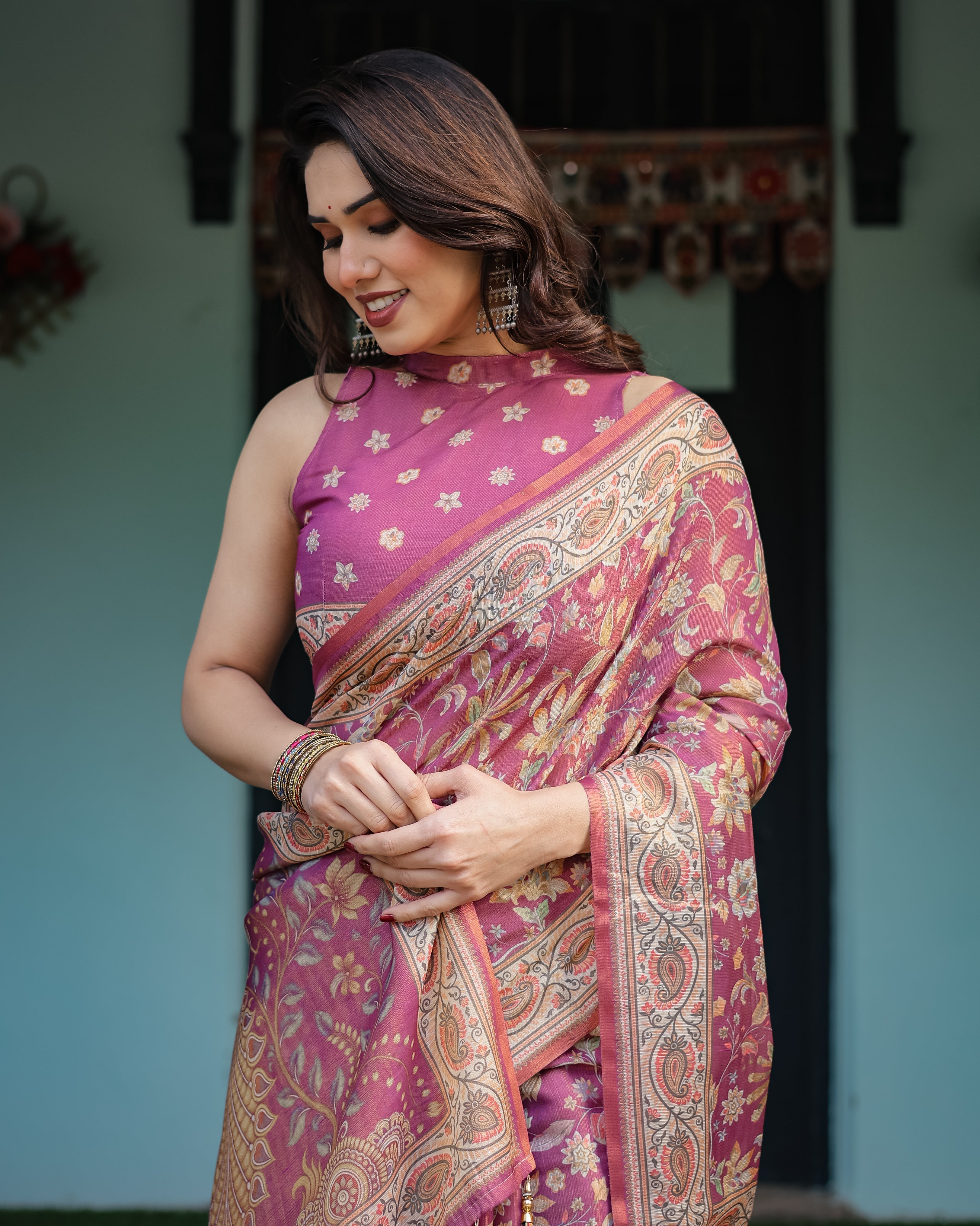Magenta Handloom Cotton-Linen Saree with Gold Floral Motifs and Peacock Pallu LINEN HANDLOOM