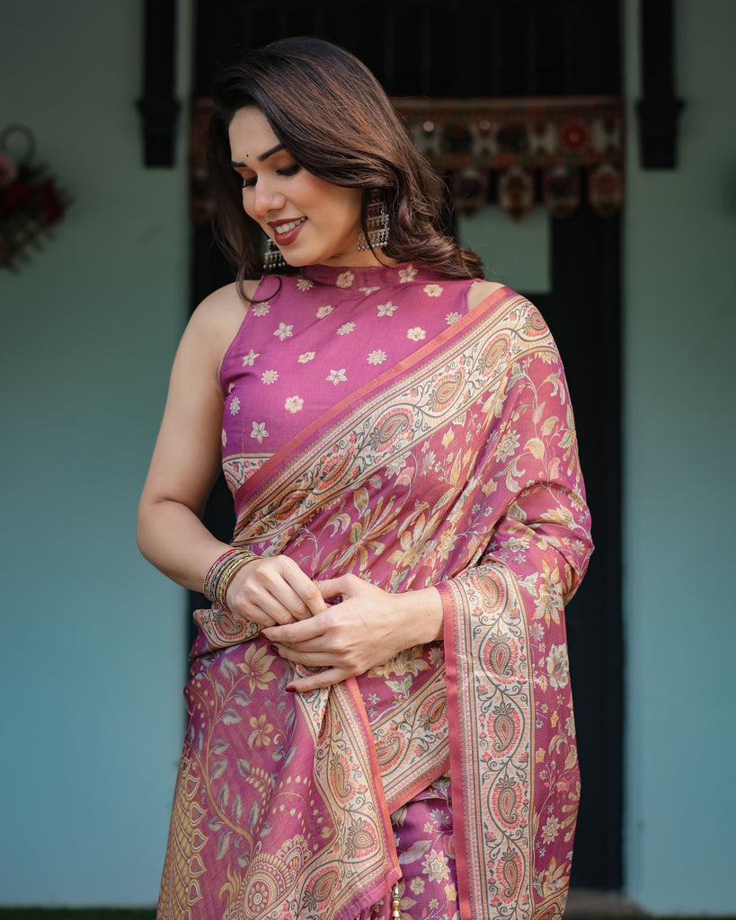 Magenta Handloom Cotton-Linen Saree with Gold Floral Motifs and Peacock Pallu LINEN HANDLOOM