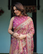 Load image into Gallery viewer, Magenta Handloom Cotton-Linen Saree with Gold Floral Motifs and Peacock Pallu LINEN HANDLOOM
