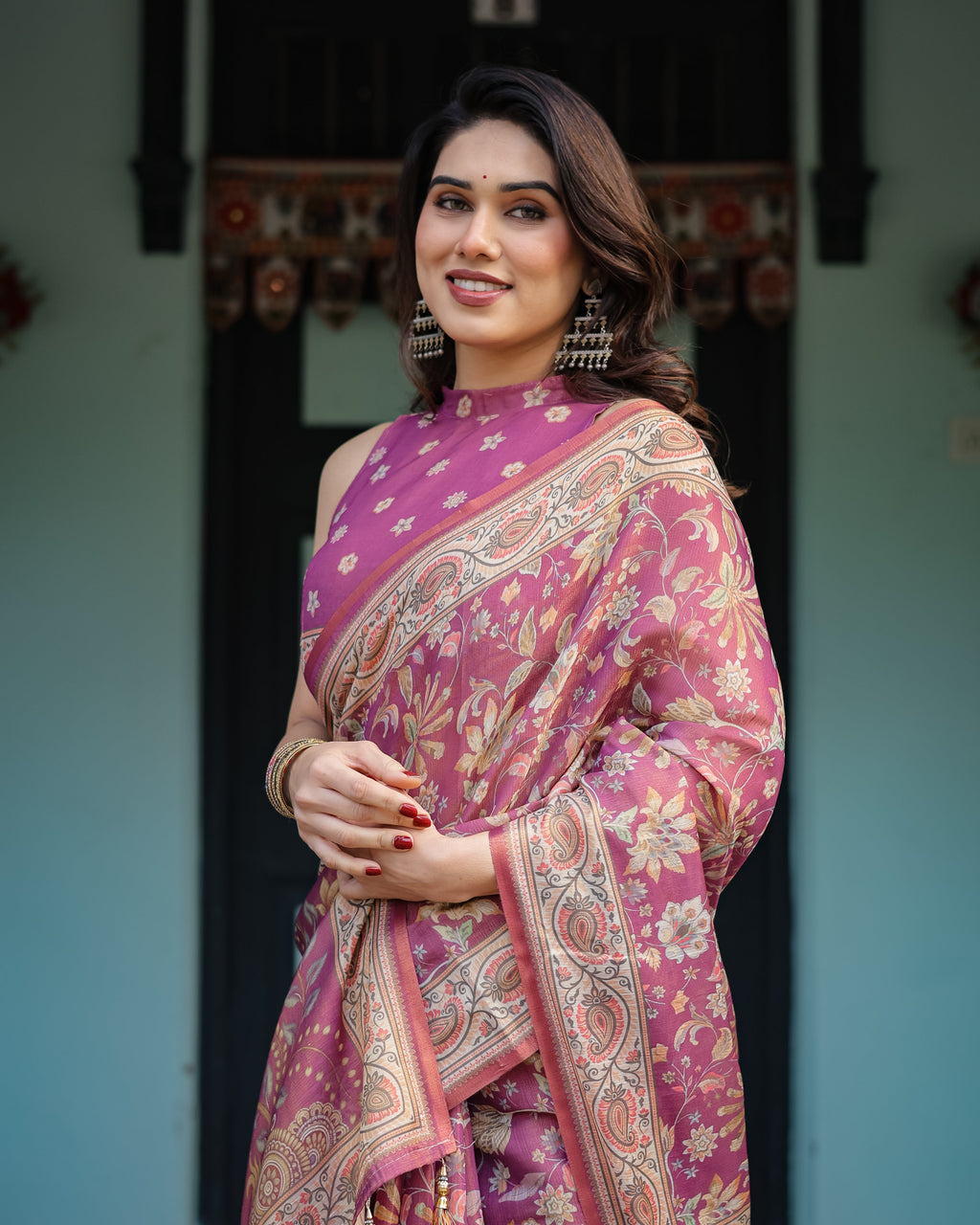 Magenta Handloom Cotton-Linen Saree with Gold Floral Motifs and Peacock Pallu LINEN HANDLOOM