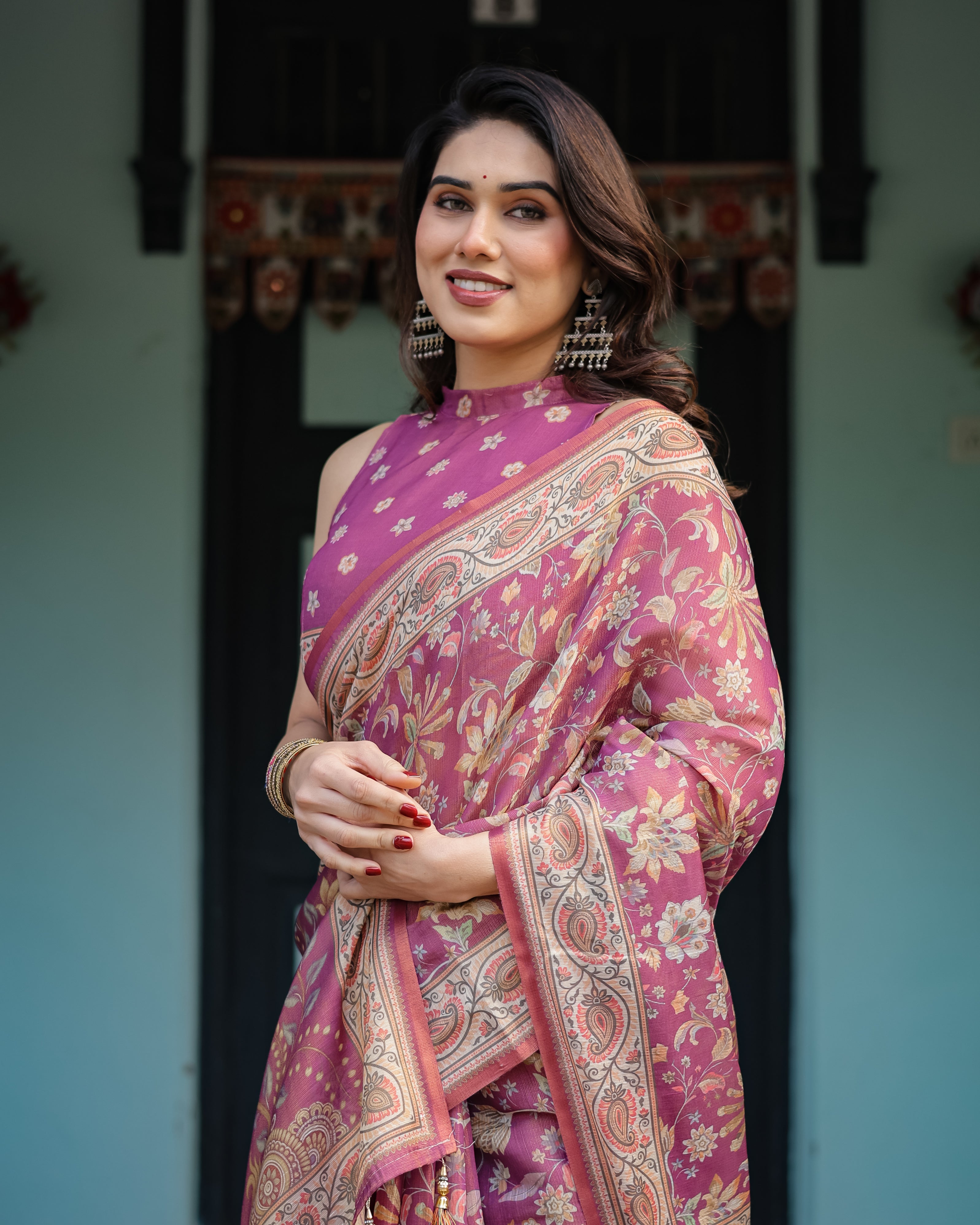 Magenta Handloom Cotton-Linen Saree with Gold Floral Motifs and Peacock Pallu LINEN HANDLOOM