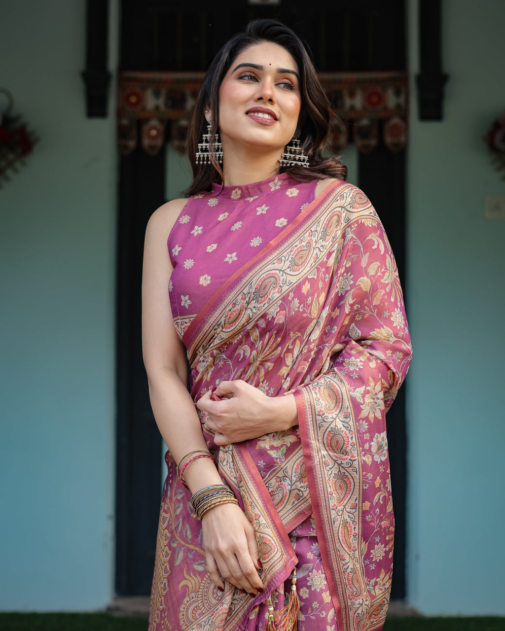 Magenta Handloom Cotton-Linen Saree with Gold Floral Motifs and Peacock Pallu LINEN HANDLOOM