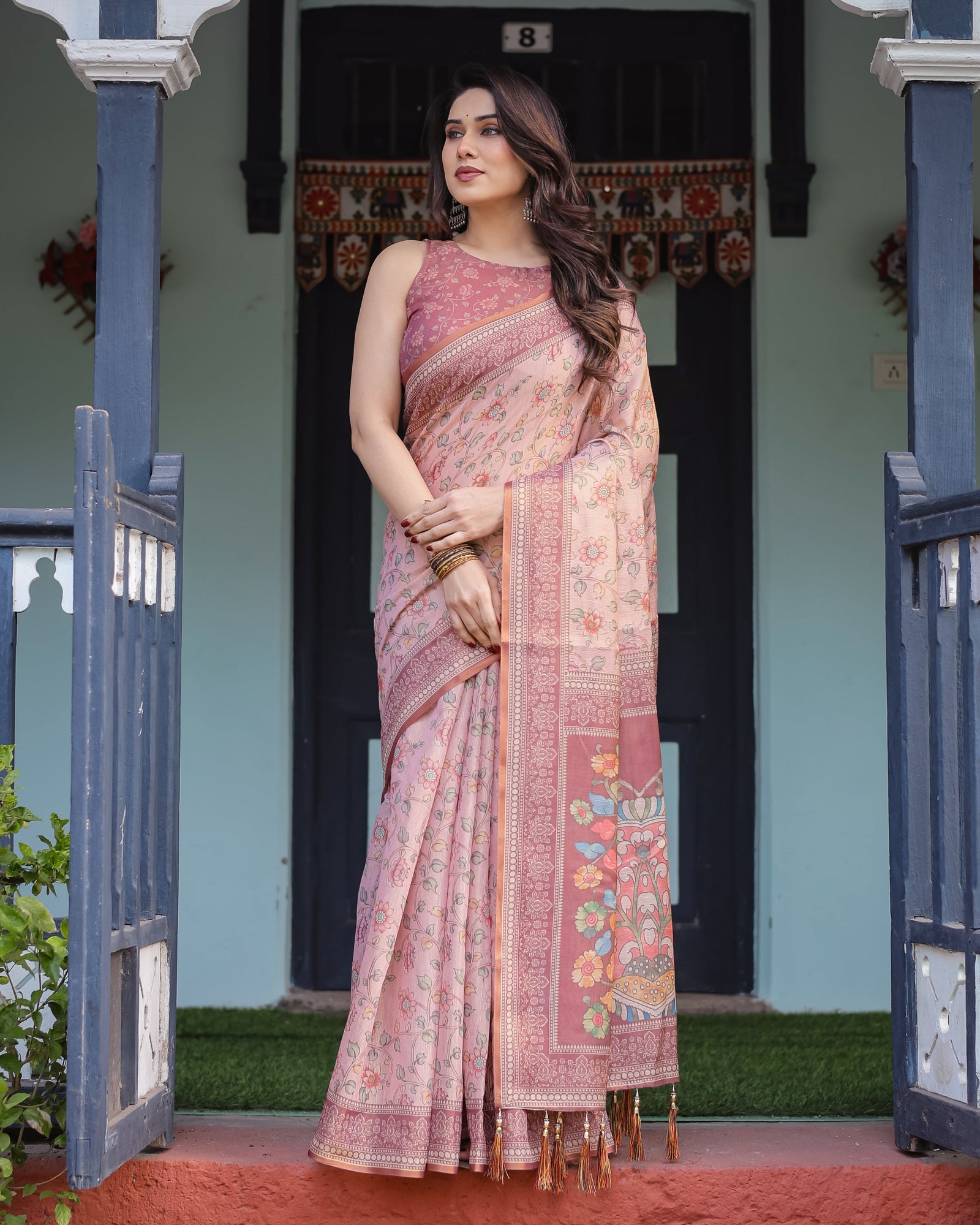 Blush Pink Handloom Cotton-Linen Saree with Floral Motifs and Artistic Pallu LINEN HANDLOOM