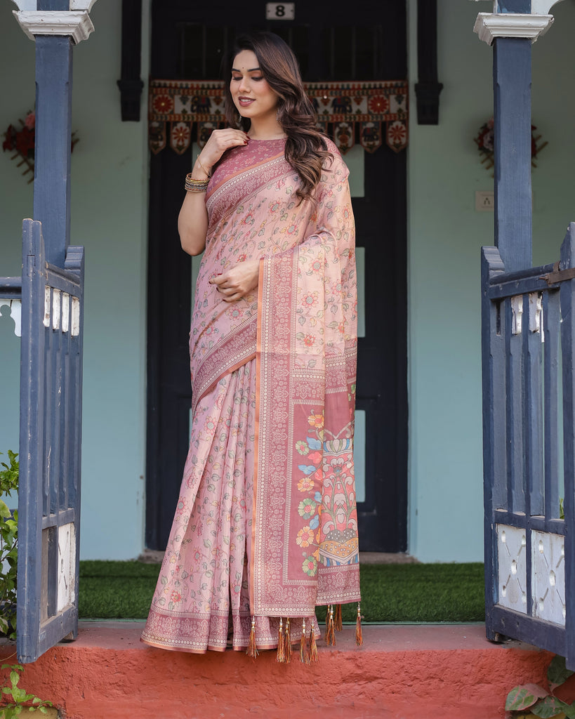 Blush Pink Handloom Cotton-Linen Saree with Floral Motifs and Artistic Pallu LINEN HANDLOOM