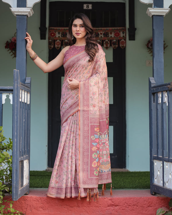 Blush Pink Handloom Cotton-Linen Saree with Floral Motifs and Artistic Pallu LINEN HANDLOOM