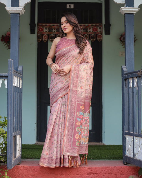Blush Pink Handloom Cotton-Linen Saree with Floral Motifs and Artistic Pallu LINEN HANDLOOM