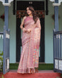 Load image into Gallery viewer, Blush Pink Handloom Cotton-Linen Saree with Floral Motifs and Artistic Pallu LINEN HANDLOOM
