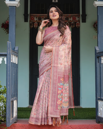 Blush Pink Handloom Cotton-Linen Saree with Floral Motifs and Artistic Pallu LINEN HANDLOOM