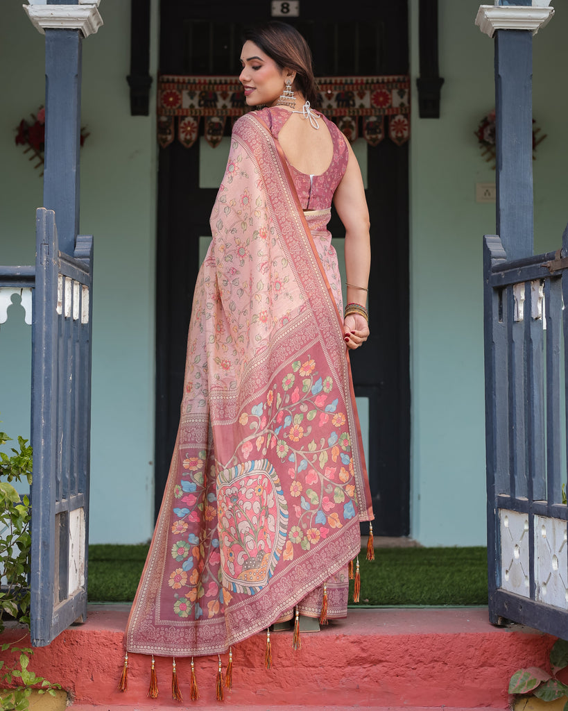 Blush Pink Handloom Cotton-Linen Saree with Floral Motifs and Artistic Pallu LINEN HANDLOOM