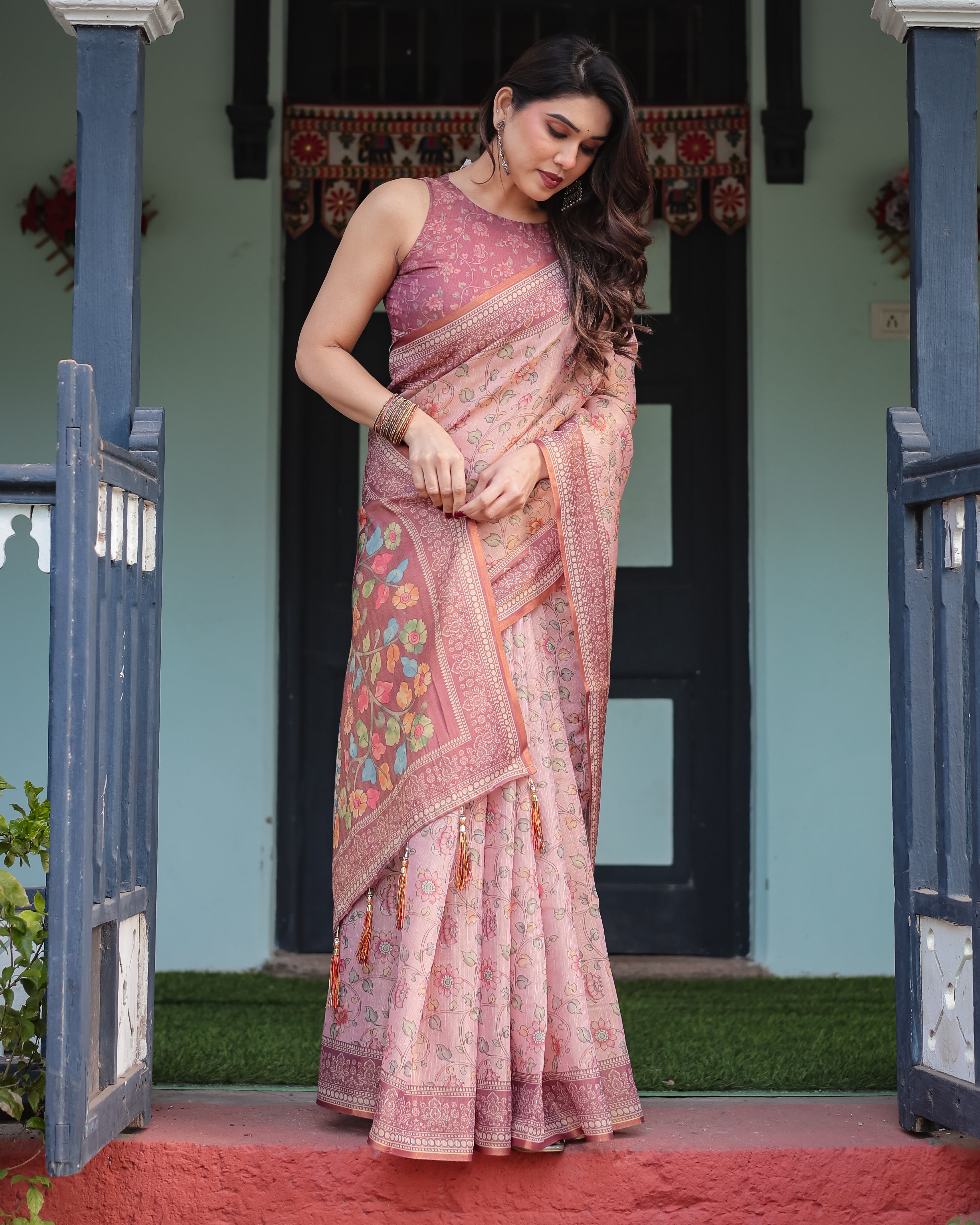 Blush Pink Handloom Cotton-Linen Saree with Floral Motifs and Artistic Pallu LINEN HANDLOOM