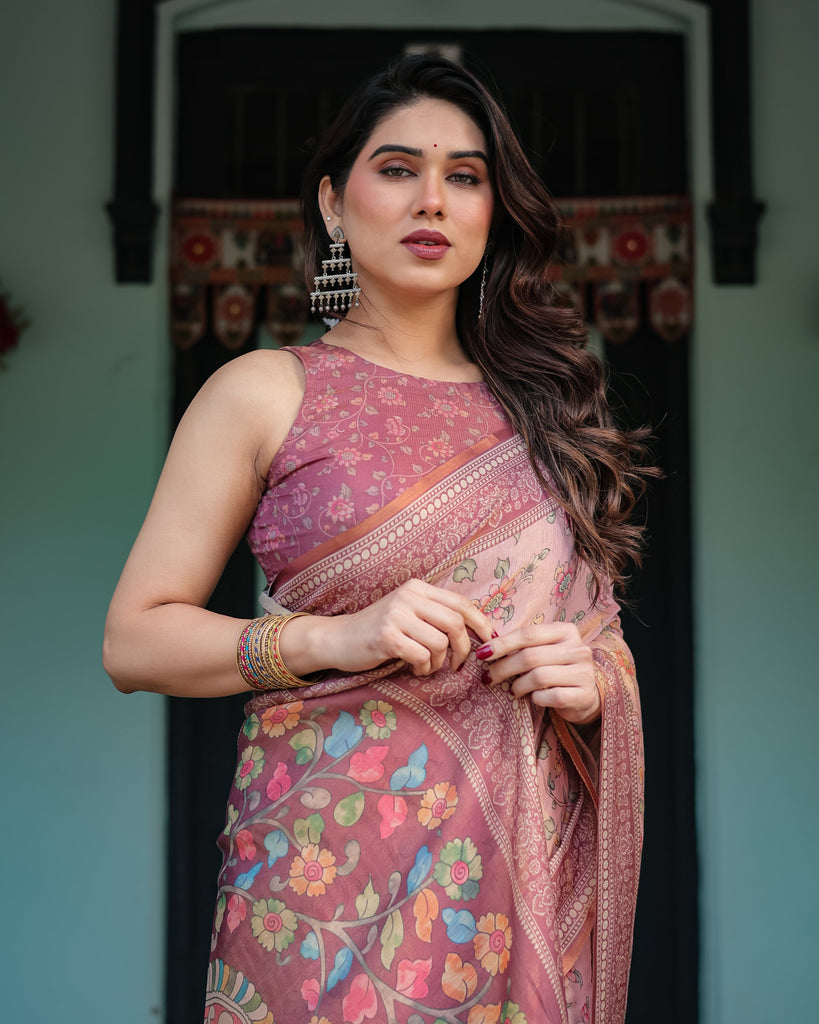 Blush Pink Handloom Cotton-Linen Saree with Floral Motifs and Artistic Pallu LINEN HANDLOOM