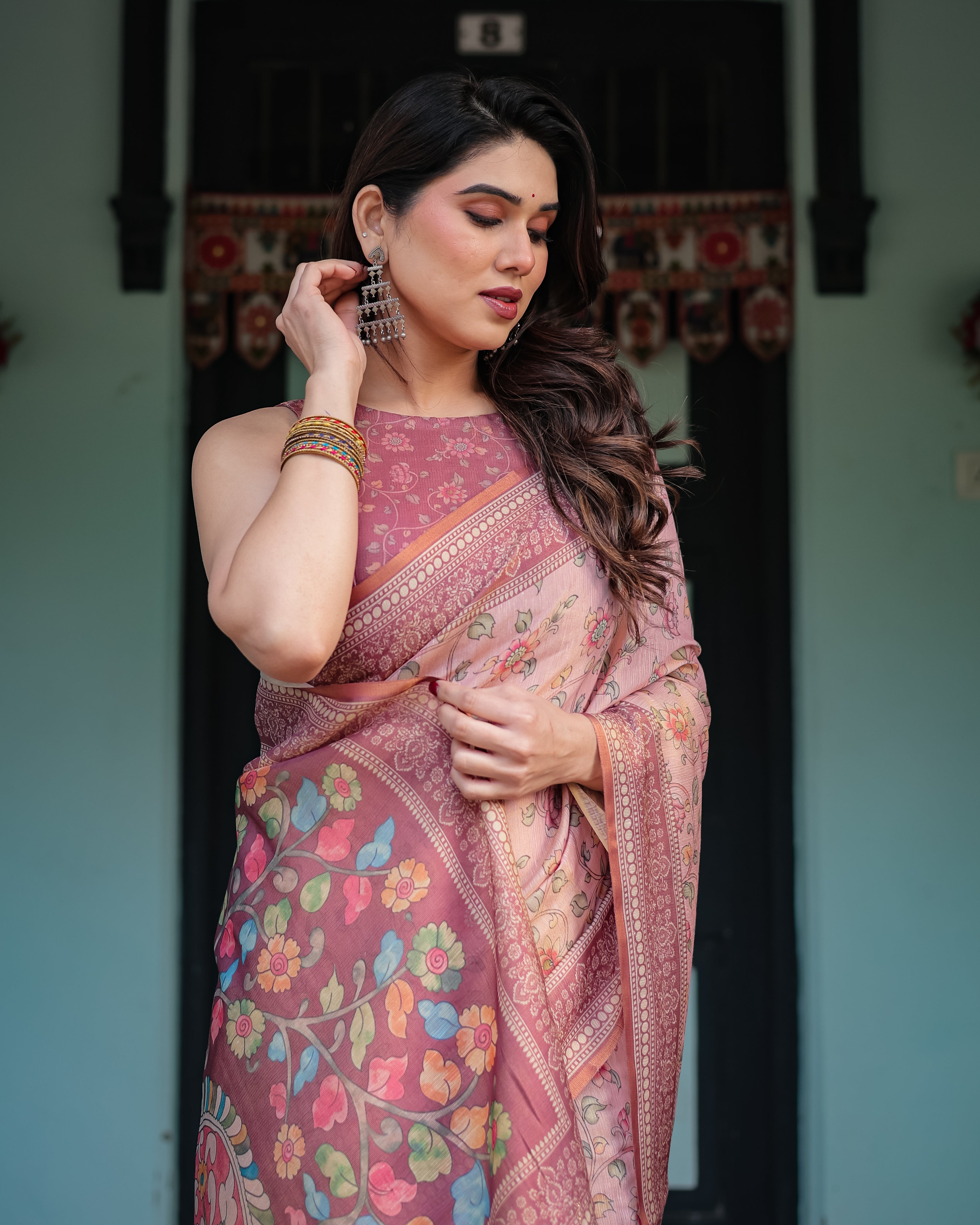 Blush Pink Handloom Cotton-Linen Saree with Floral Motifs and Artistic Pallu LINEN HANDLOOM