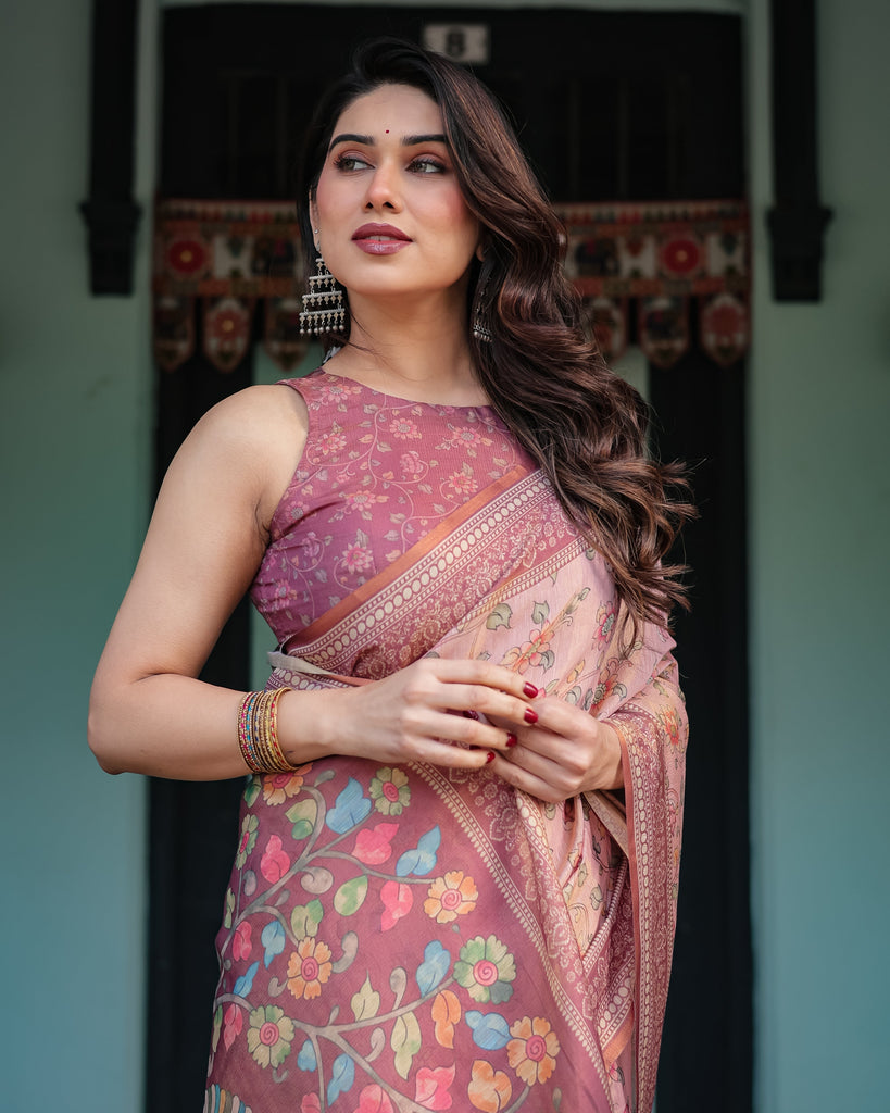 Blush Pink Handloom Cotton-Linen Saree with Floral Motifs and Artistic Pallu LINEN HANDLOOM