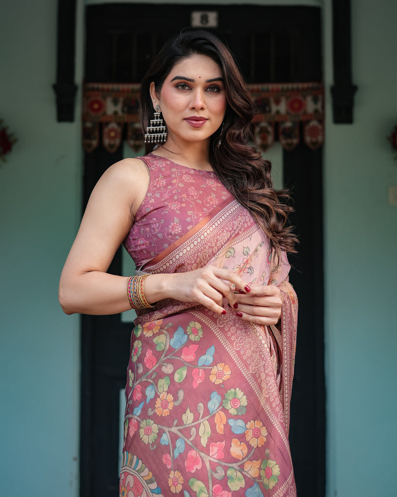 Blush Pink Handloom Cotton-Linen Saree with Floral Motifs and Artistic Pallu LINEN HANDLOOM