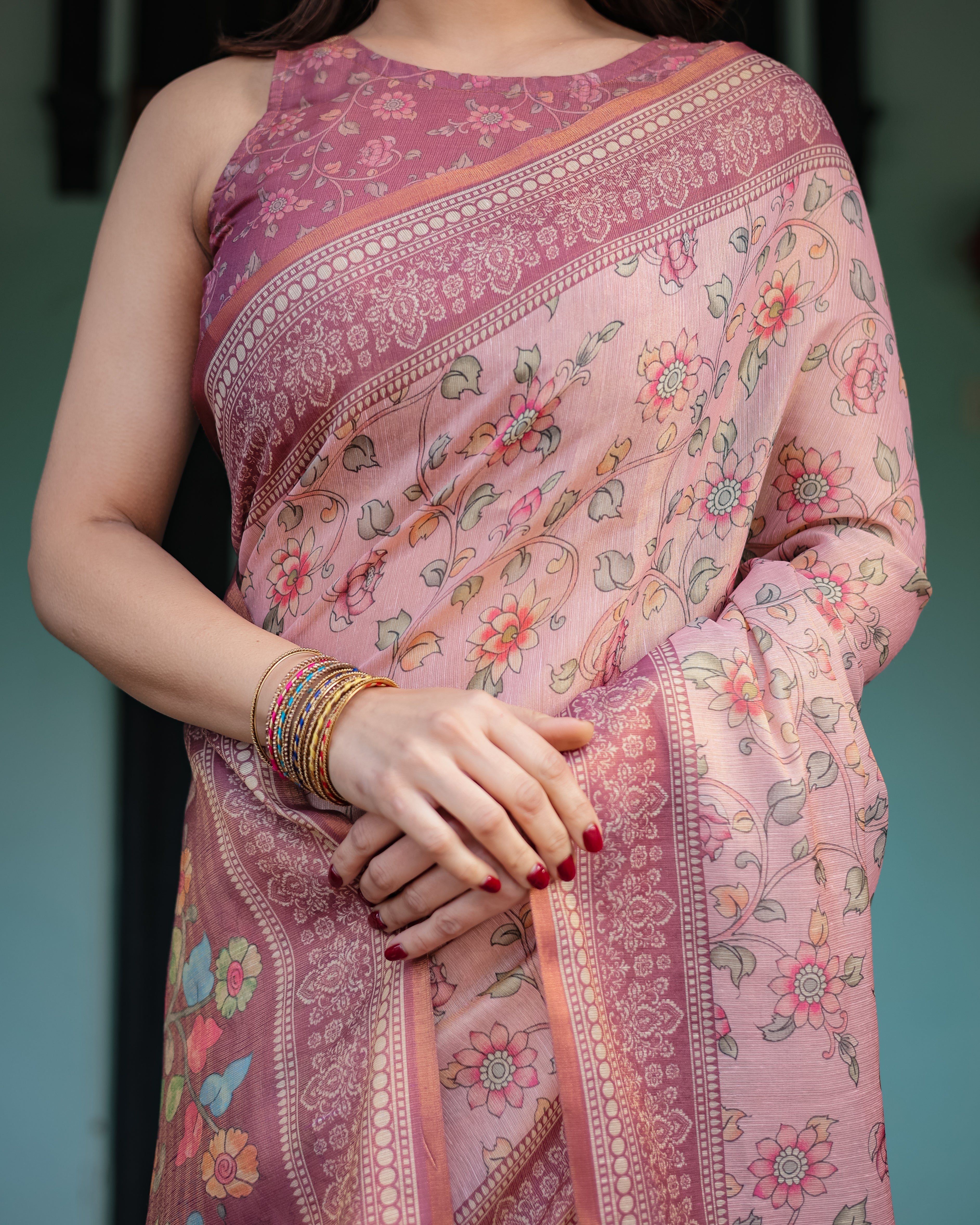 Blush Pink Handloom Cotton-Linen Saree with Floral Motifs and Artistic Pallu LINEN HANDLOOM