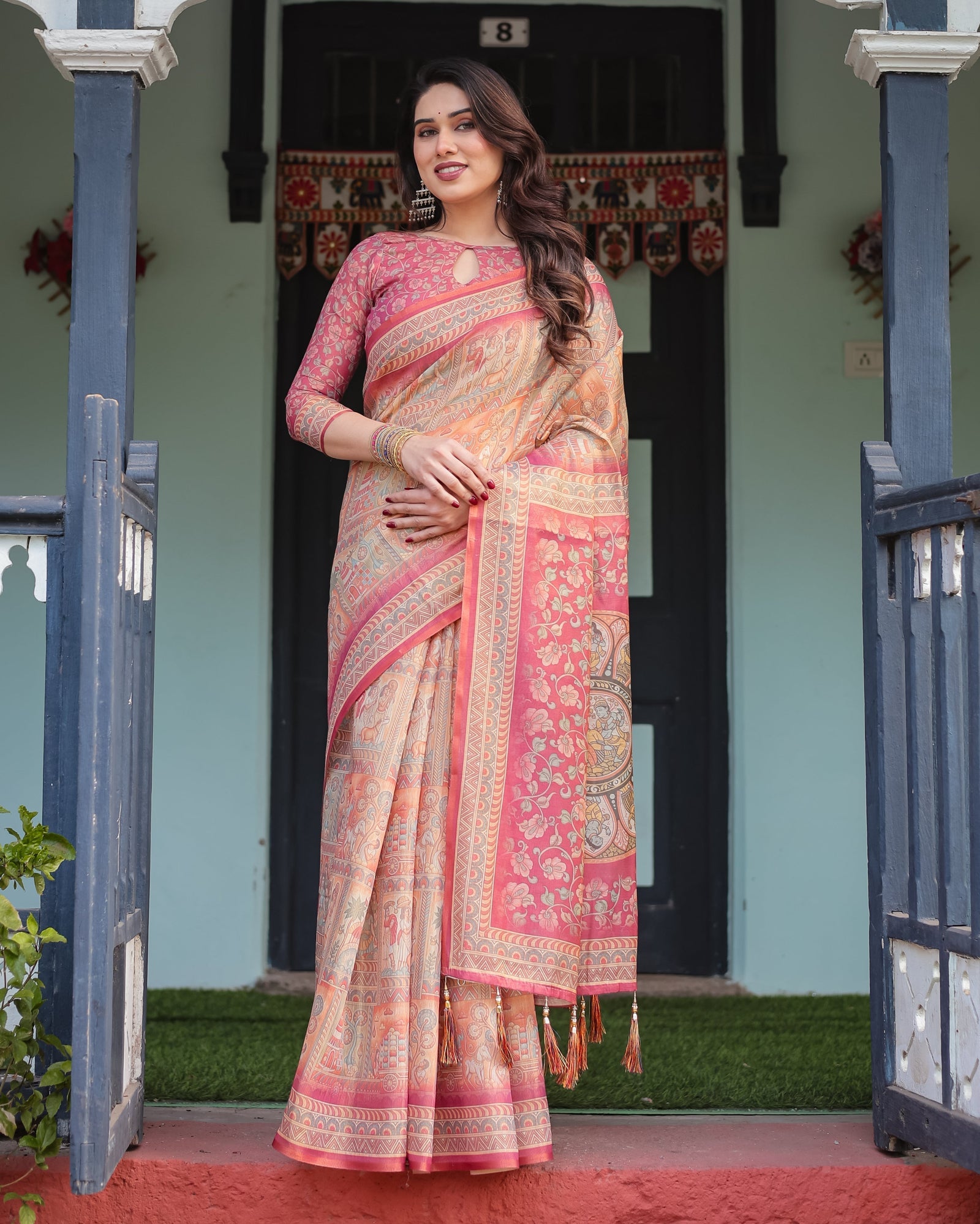 Peach and Pink Handloom Cotton-Linen Saree with Mythological Motifs and Floral Pallu LINEN HANDLOOM