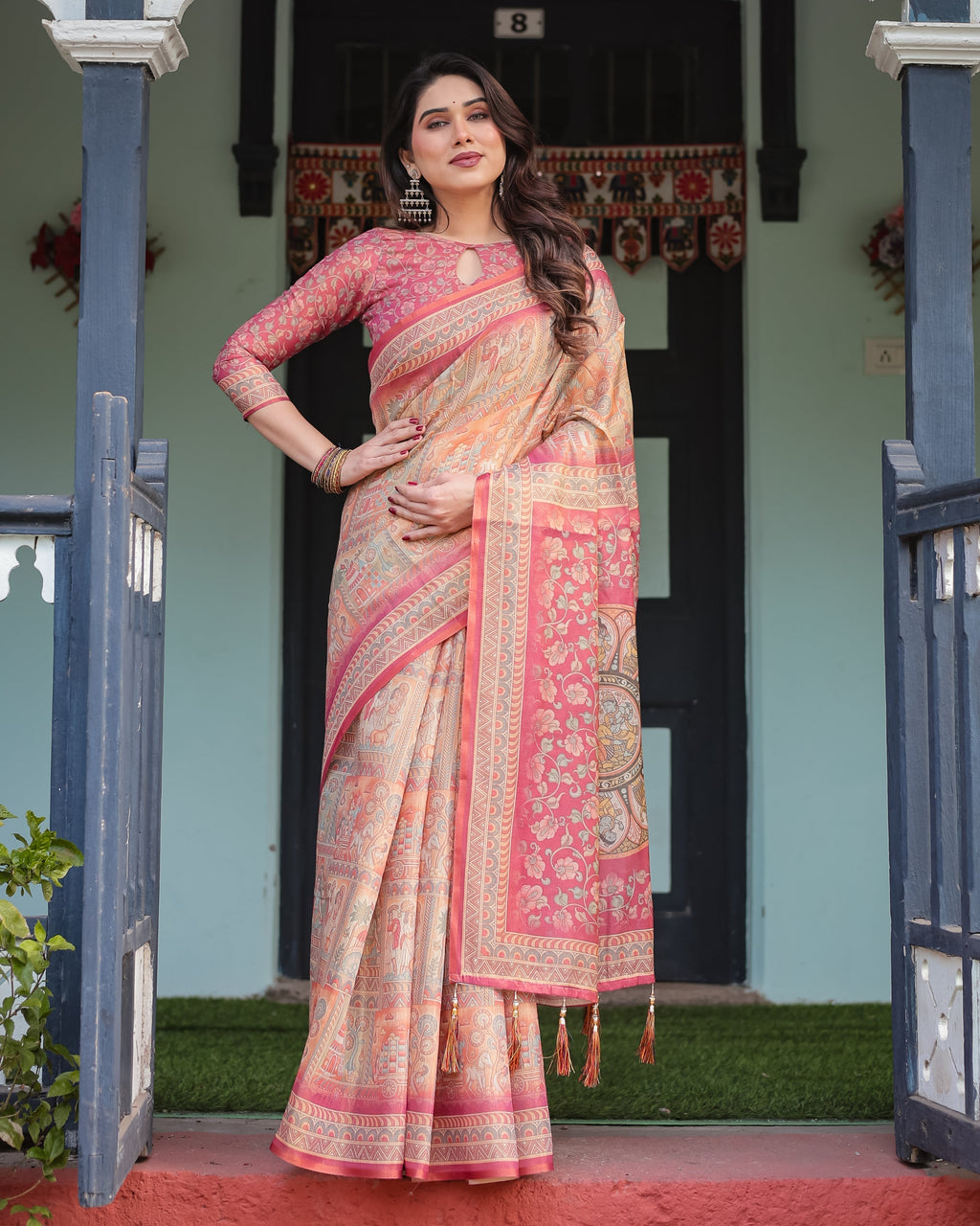 Peach and Pink Handloom Cotton-Linen Saree with Mythological Motifs and Floral Pallu LINEN HANDLOOM