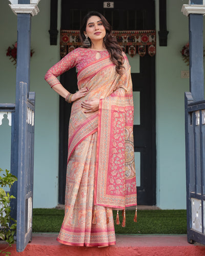 Peach and Pink Handloom Cotton-Linen Saree with Mythological Motifs and Floral Pallu LINEN HANDLOOM