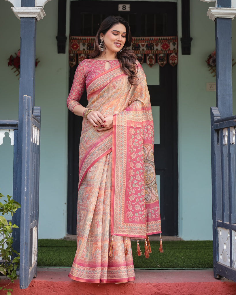Peach and Pink Handloom Cotton-Linen Saree with Mythological Motifs and Floral Pallu LINEN HANDLOOM